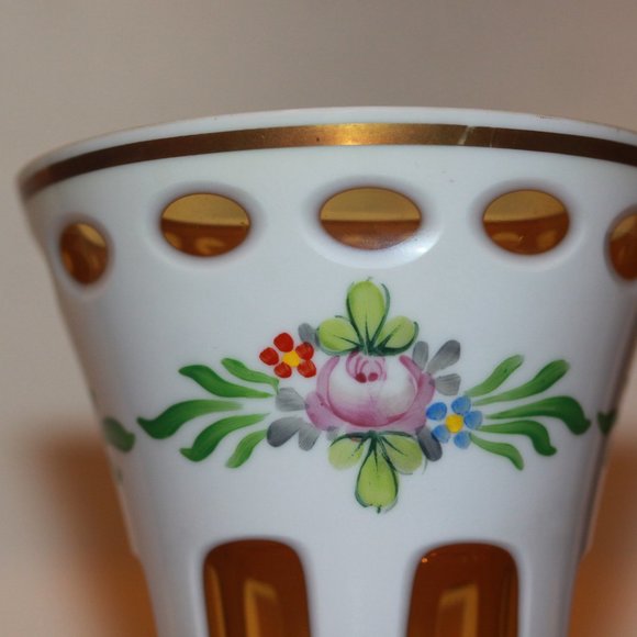 Vintage Bohemian Czech Glass Vase White Cased to Yellow Hand Painted Flowers - Picture 2 of 5